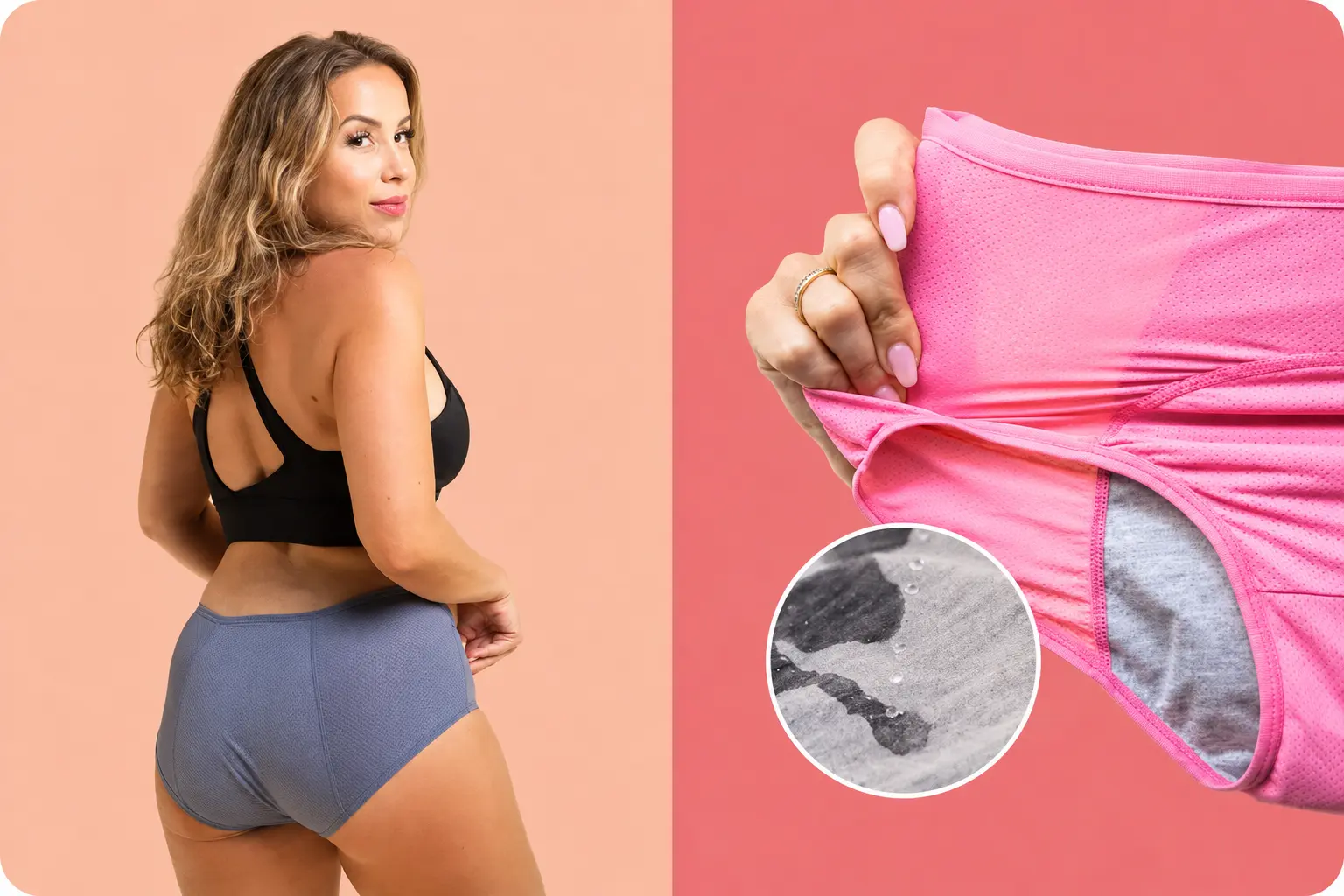 DryGuard leak-proof underwear worn under clothing, showing the thin absorbent gusset